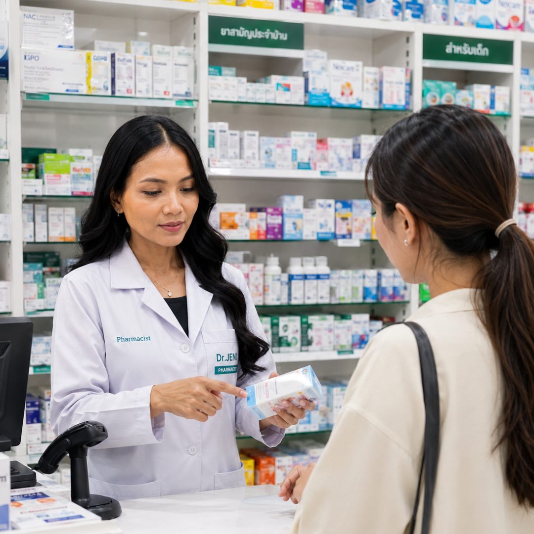 เภสัชกร DR.JEN กำลังอธิบายวิธีใช้ยาให้ผู้รับบริการที่เคาน์เตอร์ร้าน